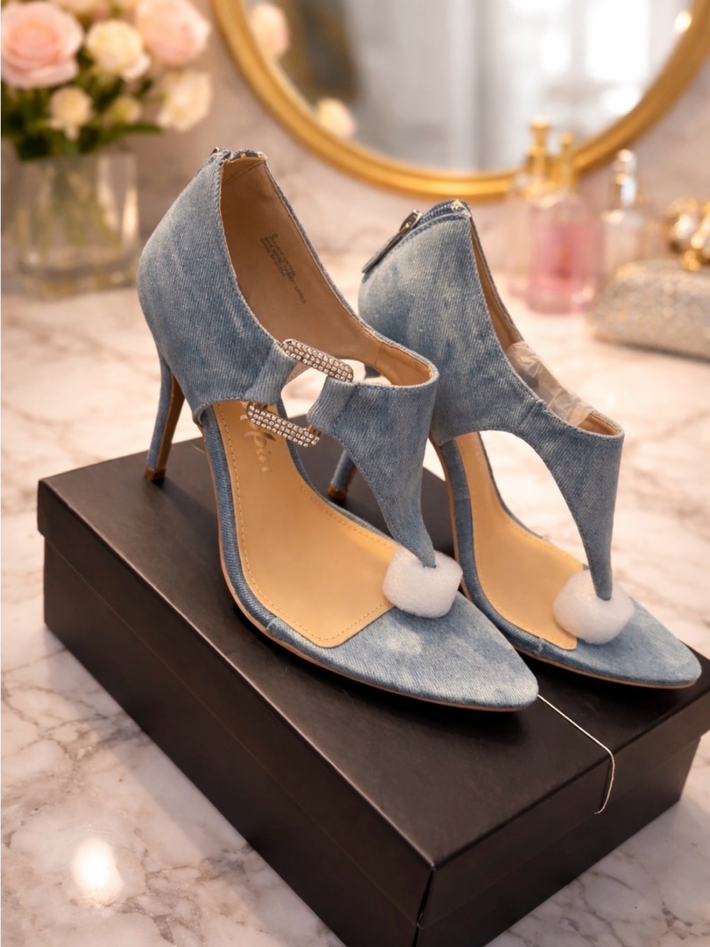 Cape Robbin Denim Blue Cutout Stiletto Pumps with Crystal Strap